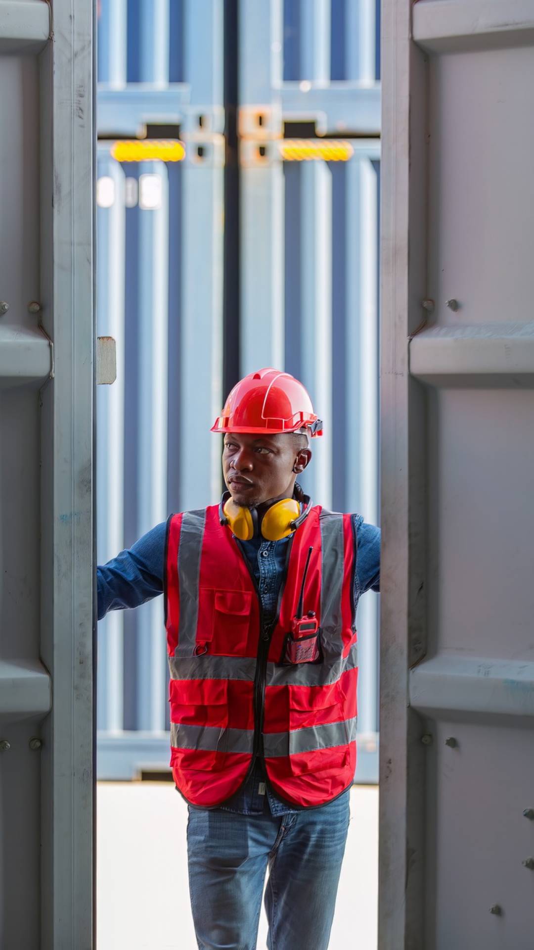 Foreman or worker work at Container cargo site check up goods in container.
